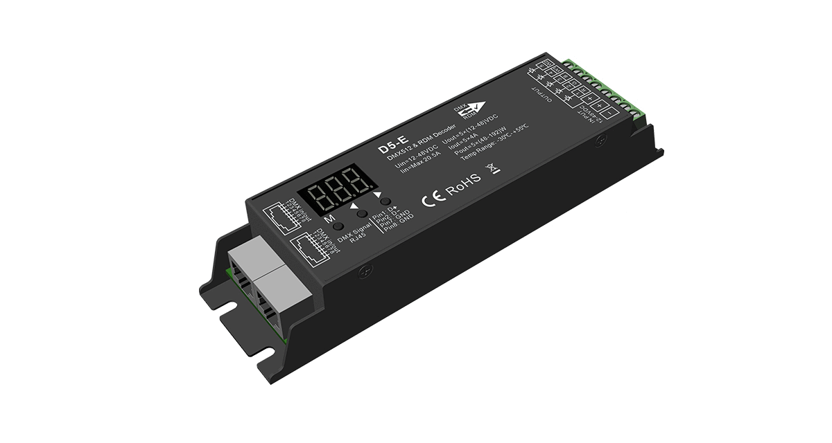 NovaBright D5-E 5CH 4A 12-48VDC CV DMX512 & RDM Decoder for 5CH RGBWA LED Lights