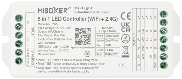 MiBoxer 5 in 1 LED Controller (WiFi+2.4G)
Output Max 20A PW5