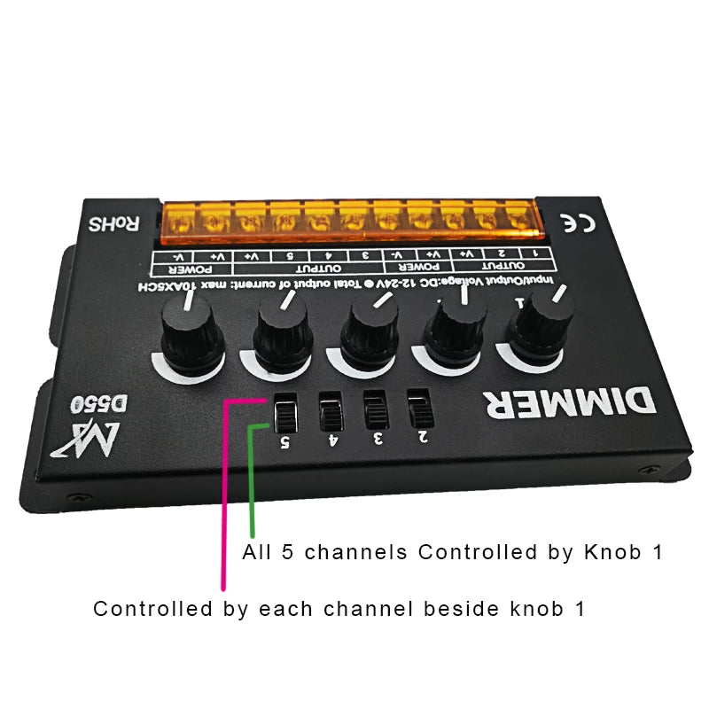 50A 5CH Knob Dimmer for LED Strip Lights Modules 5 Outputs 12V 24V 1200W Max Power Controller