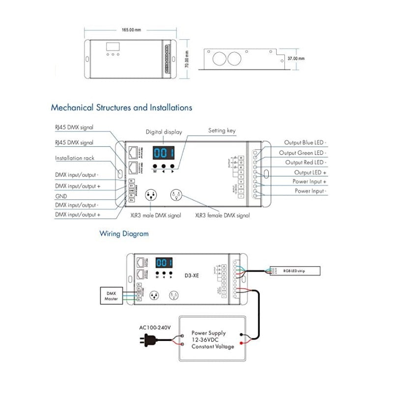 Novabright Regir 3CH D3-XE 30A DMX Decoder PWM Flicker Free Smooth Dimming 12V-36V Digital Display 2000Hz for RGB LED Lights 10A/CH