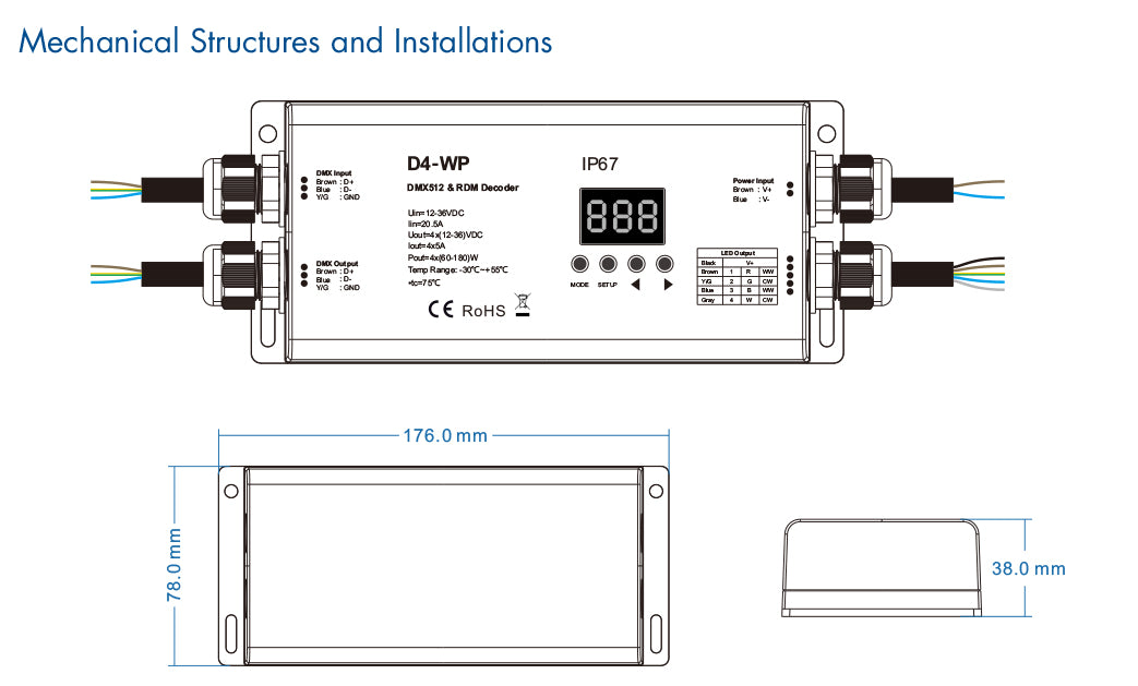 Waterproof NovaBright D4-WP 4 Channel 20A Flicker Free DMX LED Decoder for 12-36V DC LED Lights 2000HZ PWM