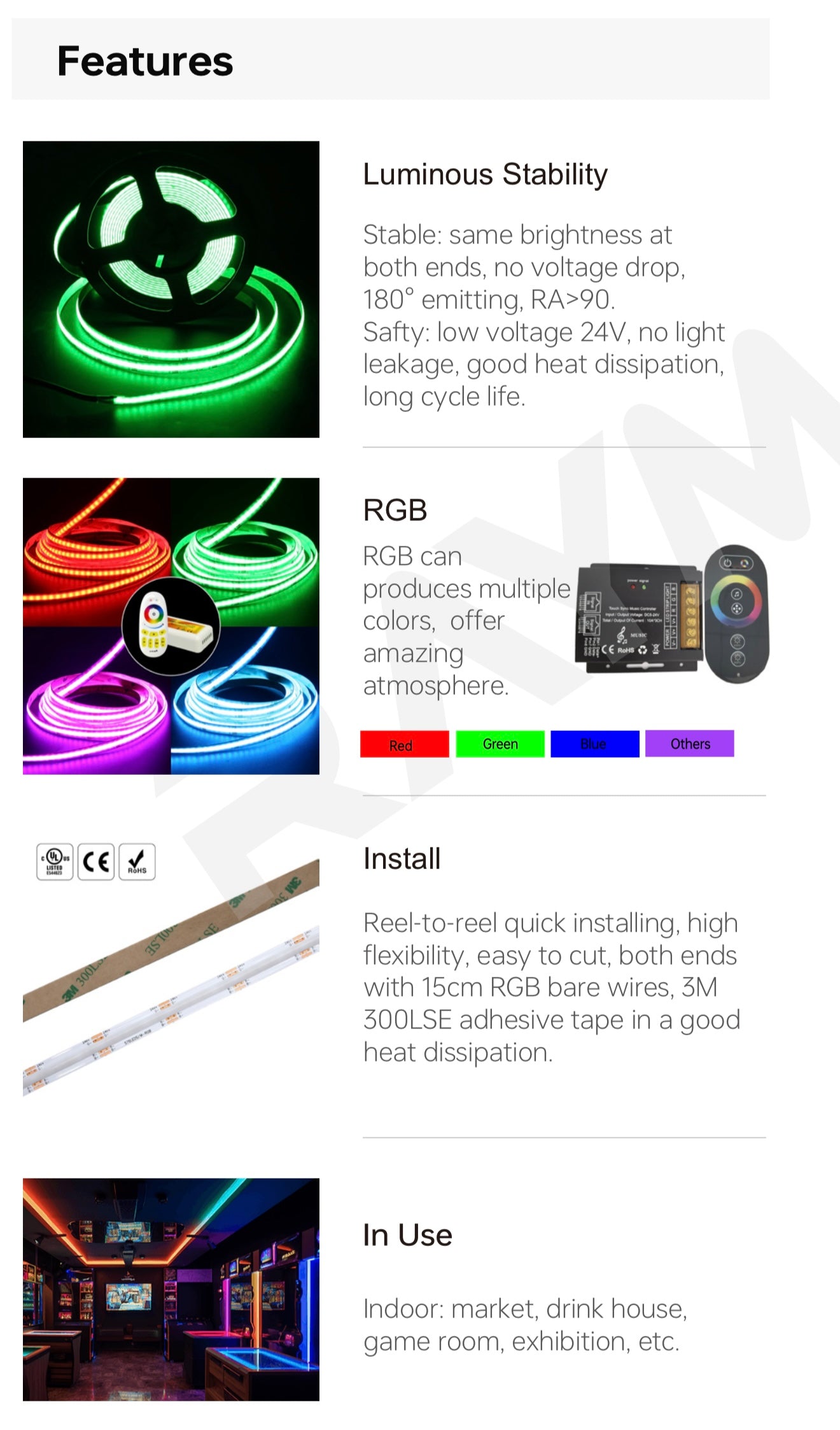 RGB COB Flexible LED Strip IP20 32FT 10M 576LPM 24V UL 180 Degrees