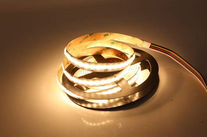 NovaBright 24V RGB+CCT 5-in-1 COB LED Strip Light – 560 LEDs/m, 2700K–6500K + RGB, 16W/m, CRI 90+, 12mm 5M 16FT Reel