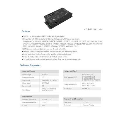 NovaBright DSA 1024 Pixel SPI to DMX Decoder 5-24V with RF Controller for IC Strips WS2811 and 27 Other IC Types