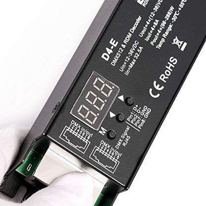 Novabright RG24500 4CH D4-E 32A DMX Decoder PWM Flicker Free Smooth Dimming Constant Voltage 12V-36V Digital Display 2000Hz for RGBW LED Lights 8A/CH