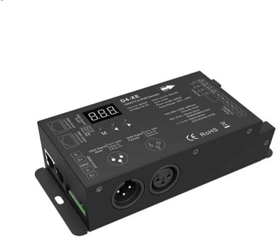 Novabright Regis 4CH D4-XE 32A DMX Decoder PWM Flicker Free Smooth Dimming 12V-36V Digital Display 2000Hz for RGBW LED Lights 8A/CH